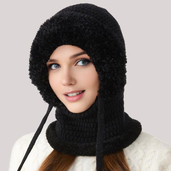 3 In 1 Knitted Hat Women Soft Plush Winter Scarf with Face Guard Adjustable Straps Windproof Hooded Design Scarf
