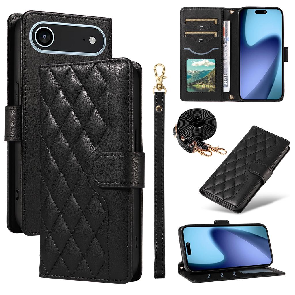 For iPhone 17 Air Wallet Case Rhombus Leather Phone Cover with Strap