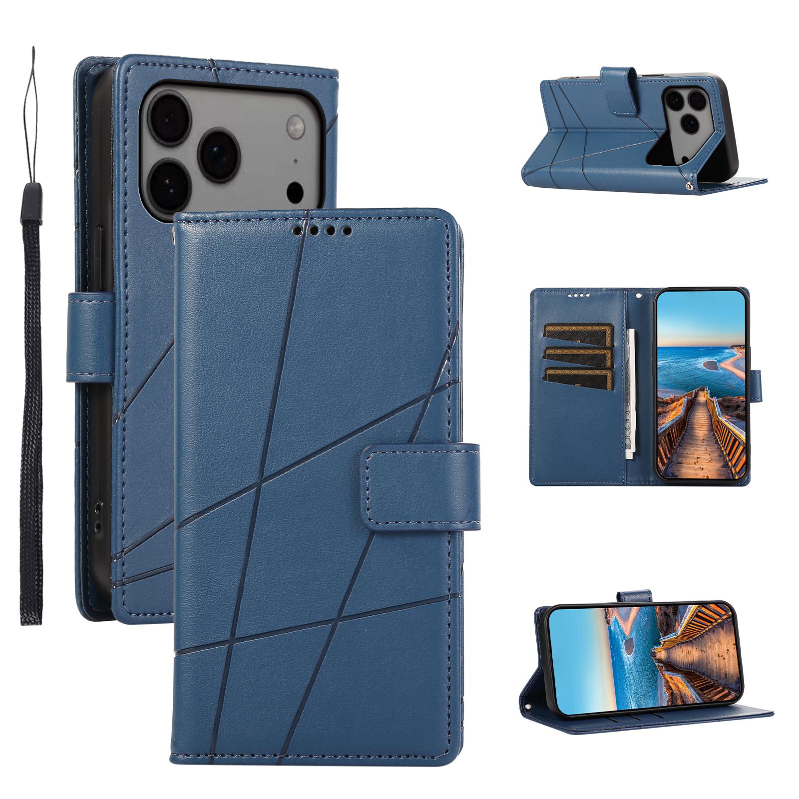

For iPhone 17 Pro Max Phone Case Line Imprint Leather Wallet Cover with Wrist Strap Blue