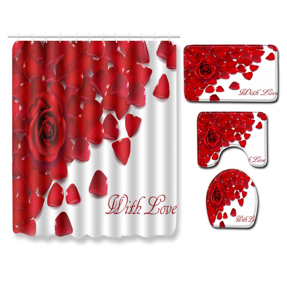 Valentine'S Day Toilet Shower Curtain Four-Piece Printed Floor Mat Set Bathroom Floor Mat Bedroom Absorbent Door Mat Carpet