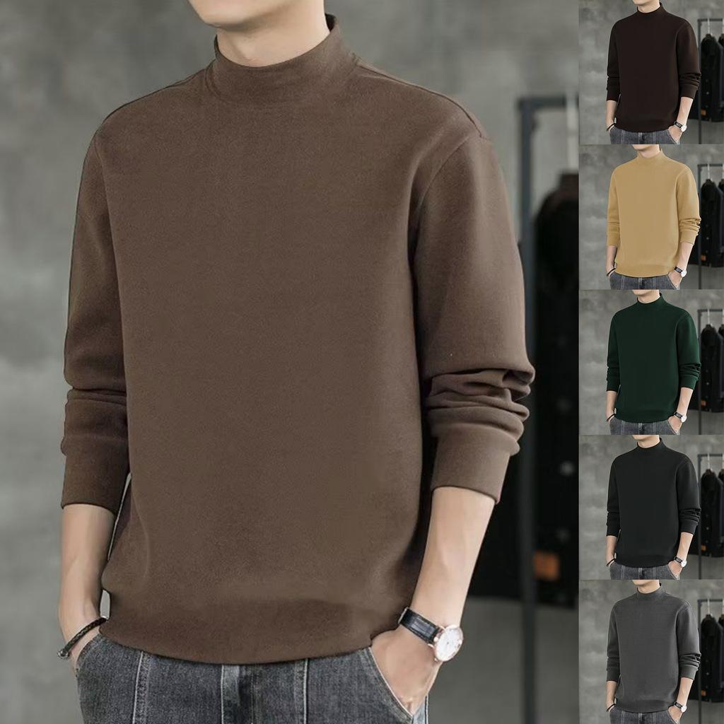 Men's Solid-color Casual High-neck Fitted Long-sleeved T-shirt, Men's Fleece Warm Base Layer Top
