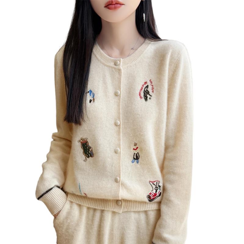 Women Autumn Winter Knit Cardigan Retro Fair Isle Pattern Round Neck Long Sleeve Loose Wool Blend Sweater Coat Casual Outerwear