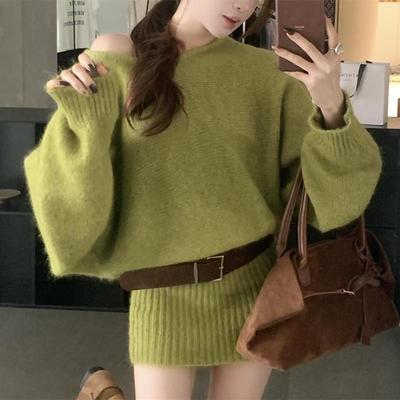 Korean Style One-Shoulder Long-Sleeve Sweater Dress with Hip-Wrapping Skirt for Autumn/Winter 2025