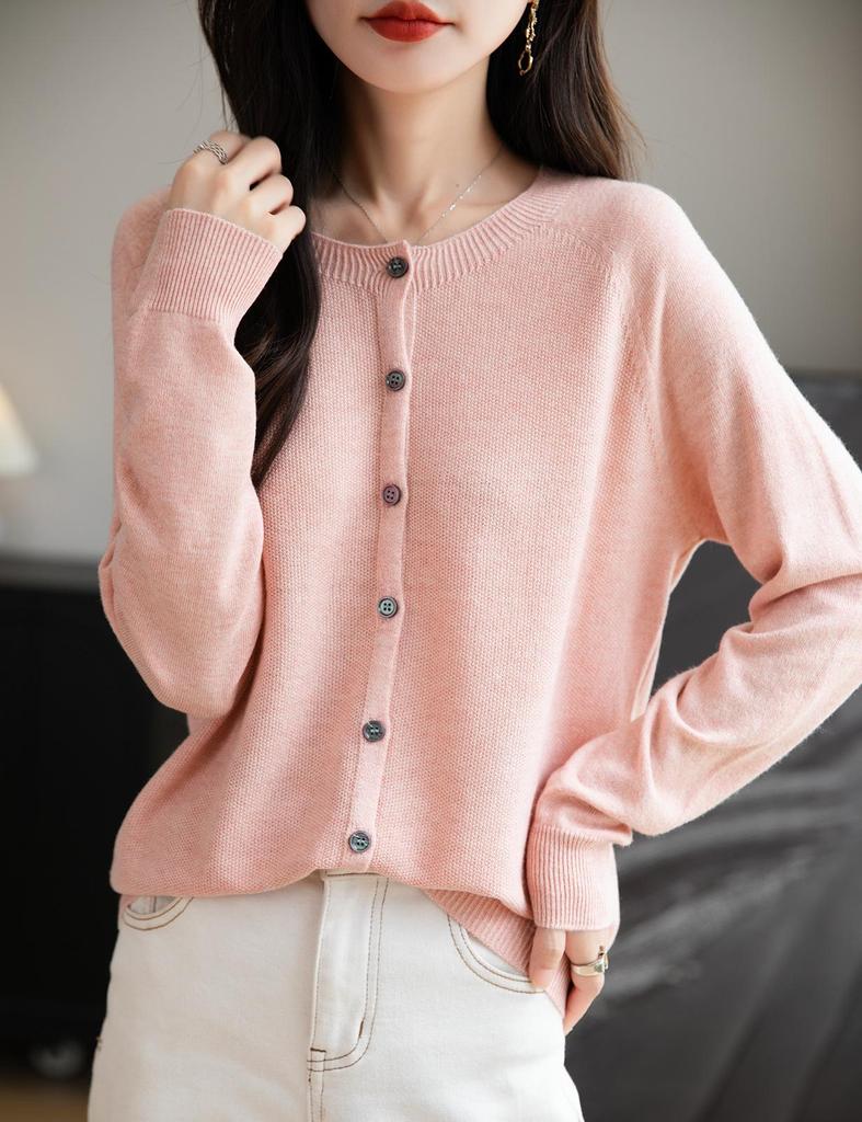 Women's Wool Round Neck Knit Cardigan - Versatile Autumn/Winter Sweater Outerwear