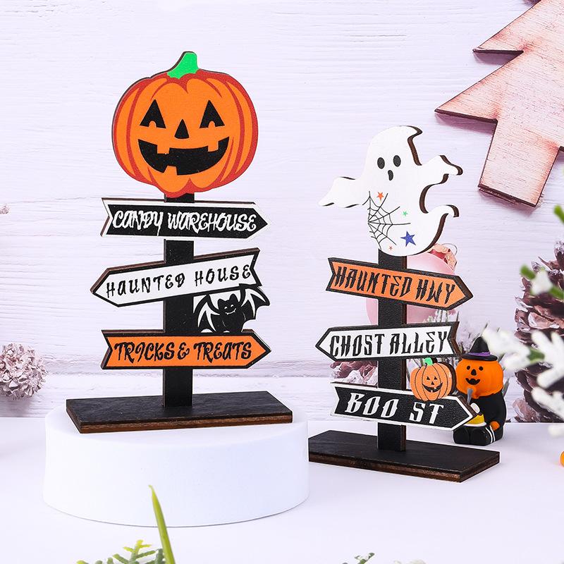 New Halloween Decoration Creative Tree-shaped Ghost Pumpkin Directional Sign Wooden Halloween Atmosphere Decorative Item