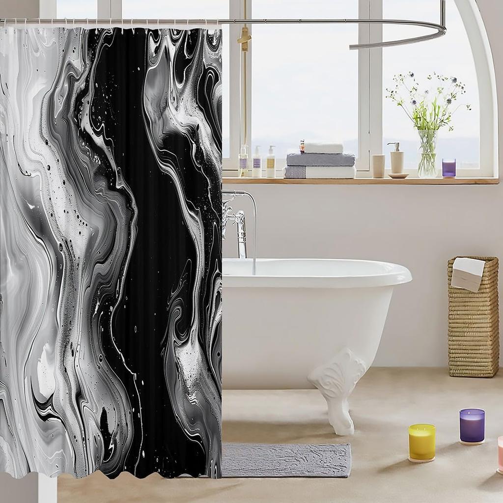1pc Black and White Shower Curtain for Bathroom Decor 72" L x 72" W Modern Abstract Marble Bath Curtain Aesthetic Ink Textu