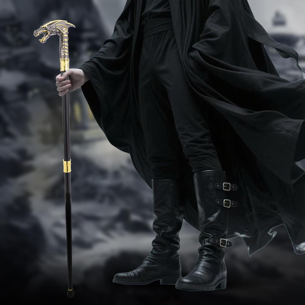 Golden Black Dragon Head Walking Cane Fashion Decorative Walking Stick Cosplay Cane Knob Crosier Performance Stage Cane 93cm