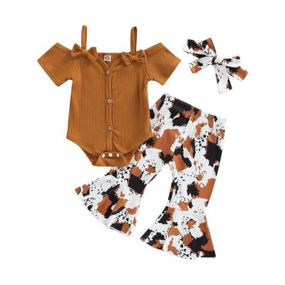 3Pcs Baby Girls Romper Outfit, Sweet Style Bow Short Sleeve Suspender Jumpsuit + Irregular Spot Bell-bottomed Pants + Headwear