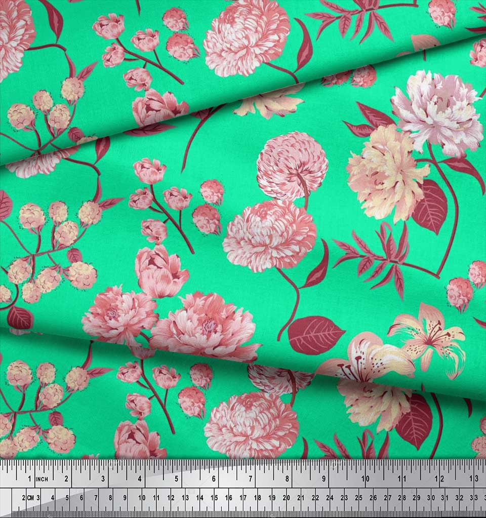 Soimoi Japan Crepe Satin Fabric Leaves,Peony & Dahlia Flower Printed Fabric 1 Metre 42 Inch