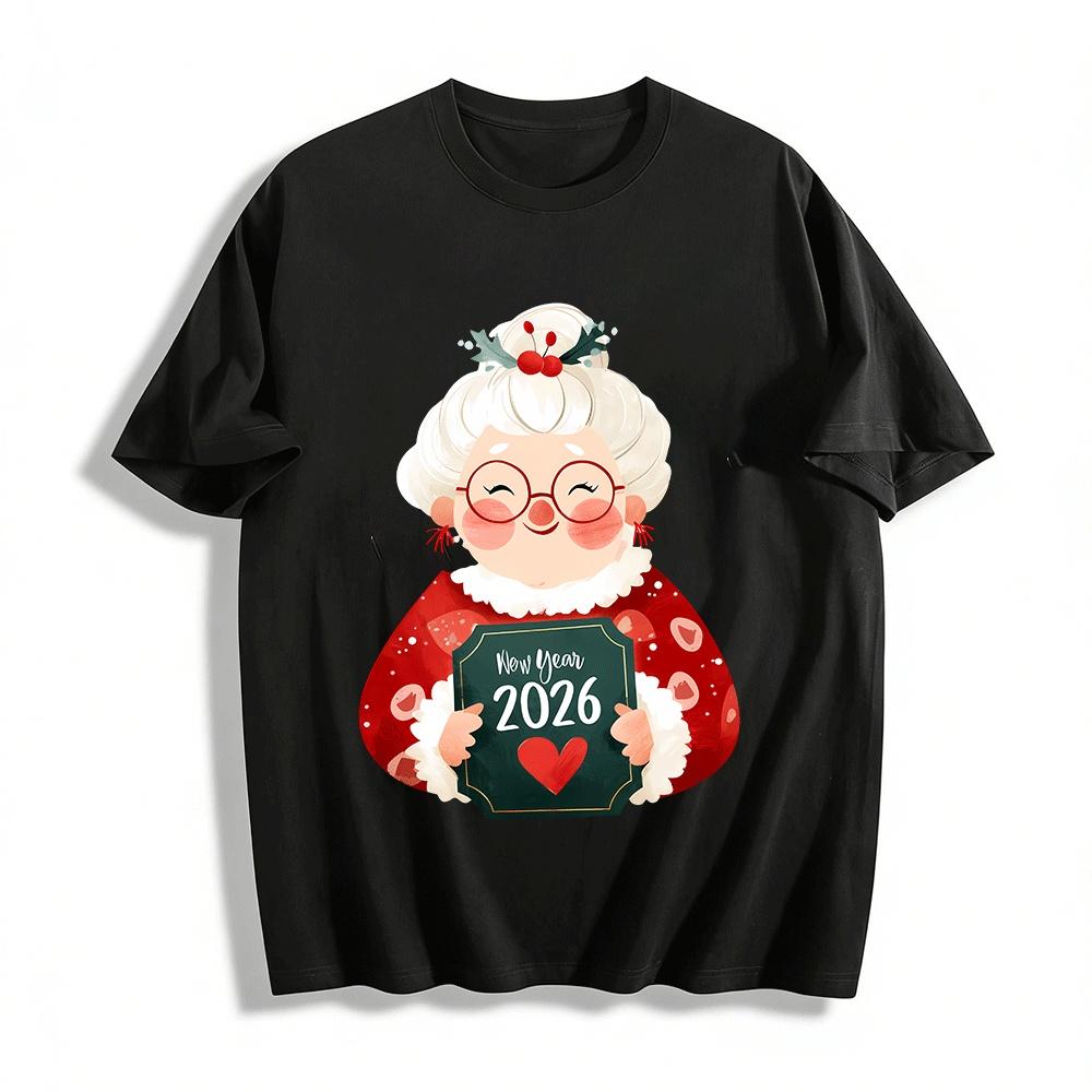 

2026 New Year Festive Grandma Print Holiday Casual Top Pure cotton T-shirt XXS