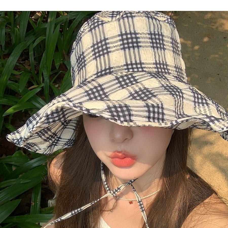 Summer thin plaid bucket hat concave shape casual versatile plaid sunshade basin hat outdoor sunscreen hat