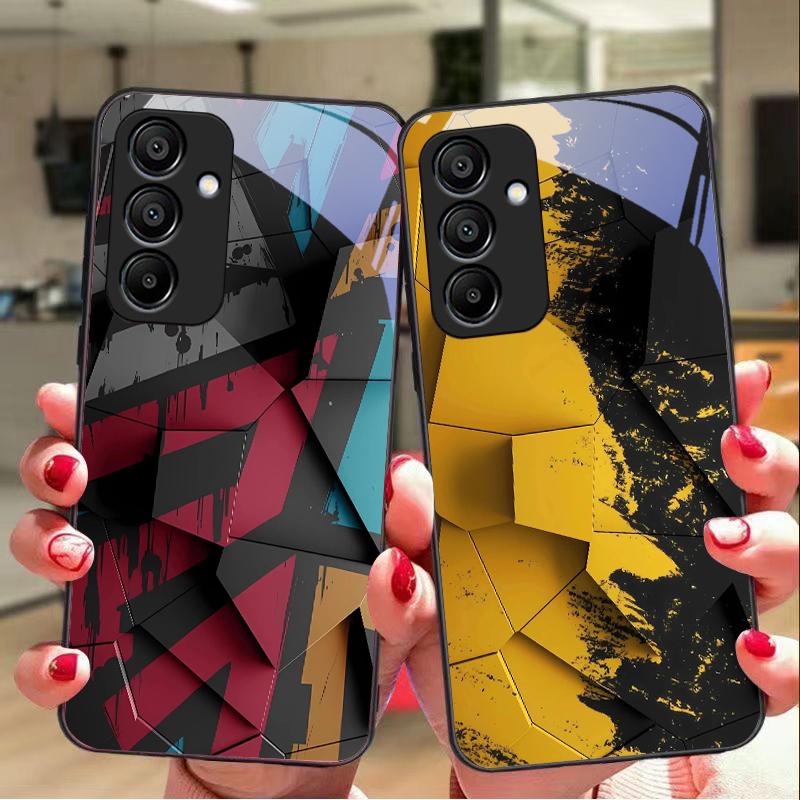 Geometric Pattern For Samsung Galaxy A15 5G 54 4G 51 50 24 35 90 71 12 51 53 52S 80 22 34 Black Tempered Glass Phone Case