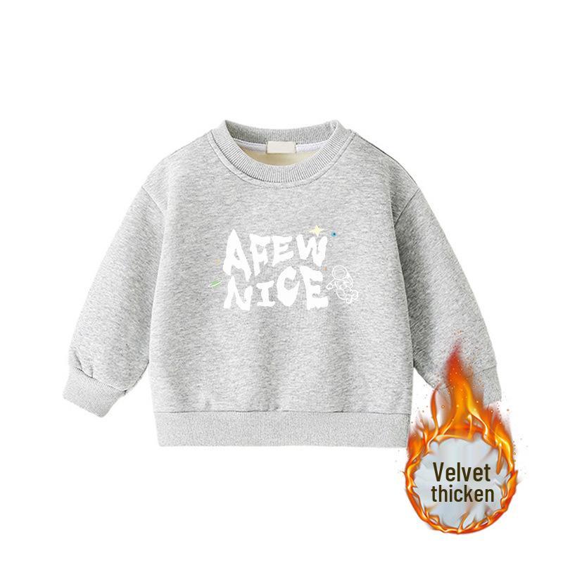 Children's Cartoon Print Velvet Lined Hoodie - Round Neck, Long Sleeve, Thickened Warm Base Layer