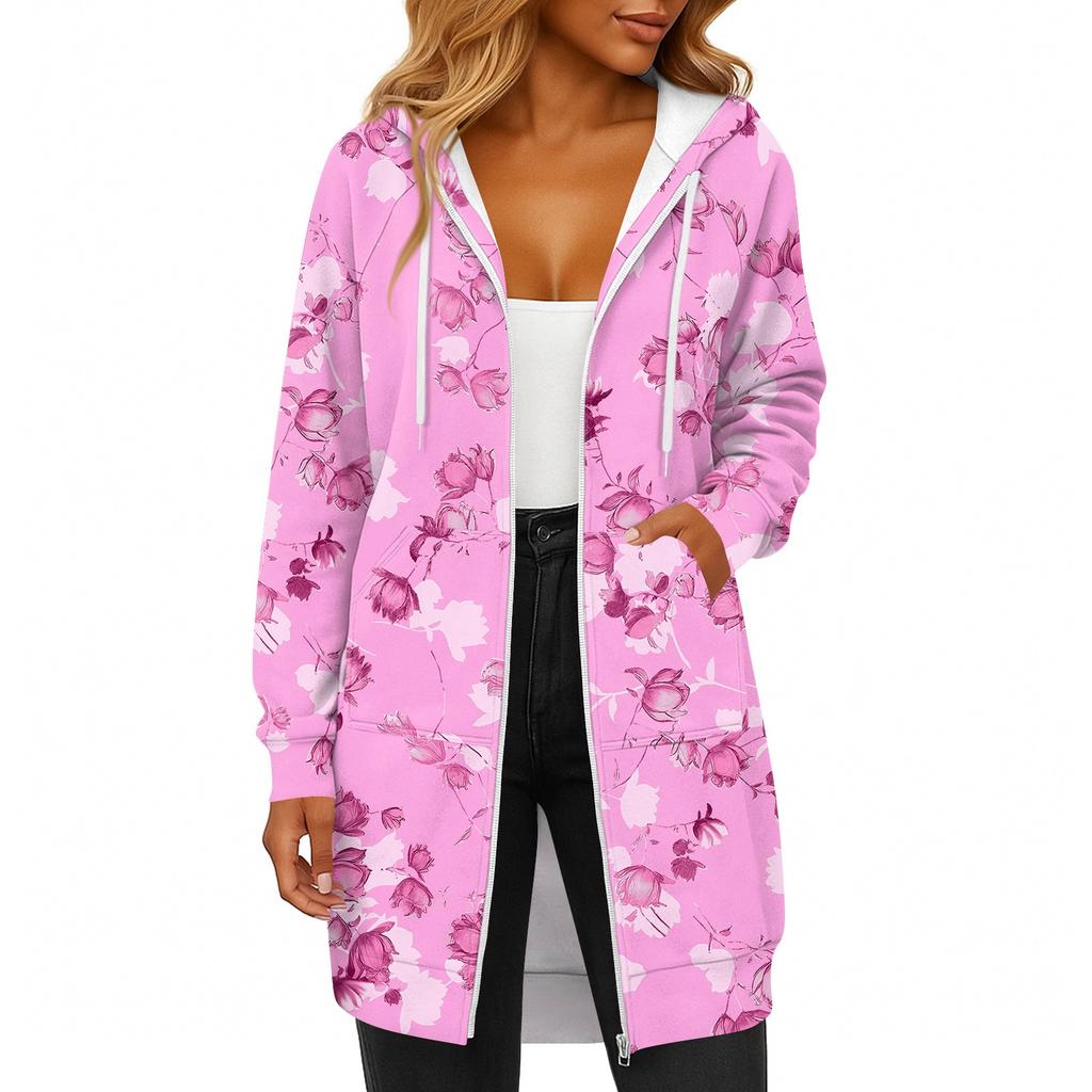 Women's Fashionable Printed  Long Sleeved Drawstring Hooded Zipper Pocket Long Casual Sweatshirt Jacket