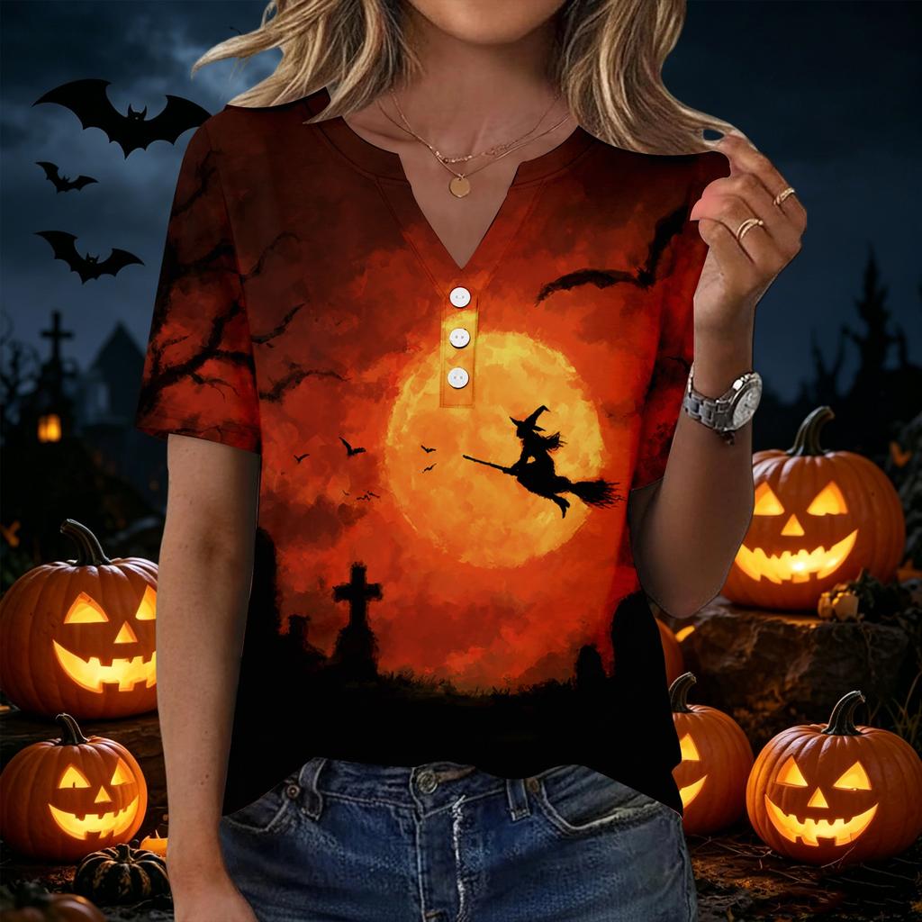 Womens Halloween Print V Neck Short Sleeve Button T Shirt Casual Loose Fit Top with Pumpkin and Bat Design Suitable for Daily Wear