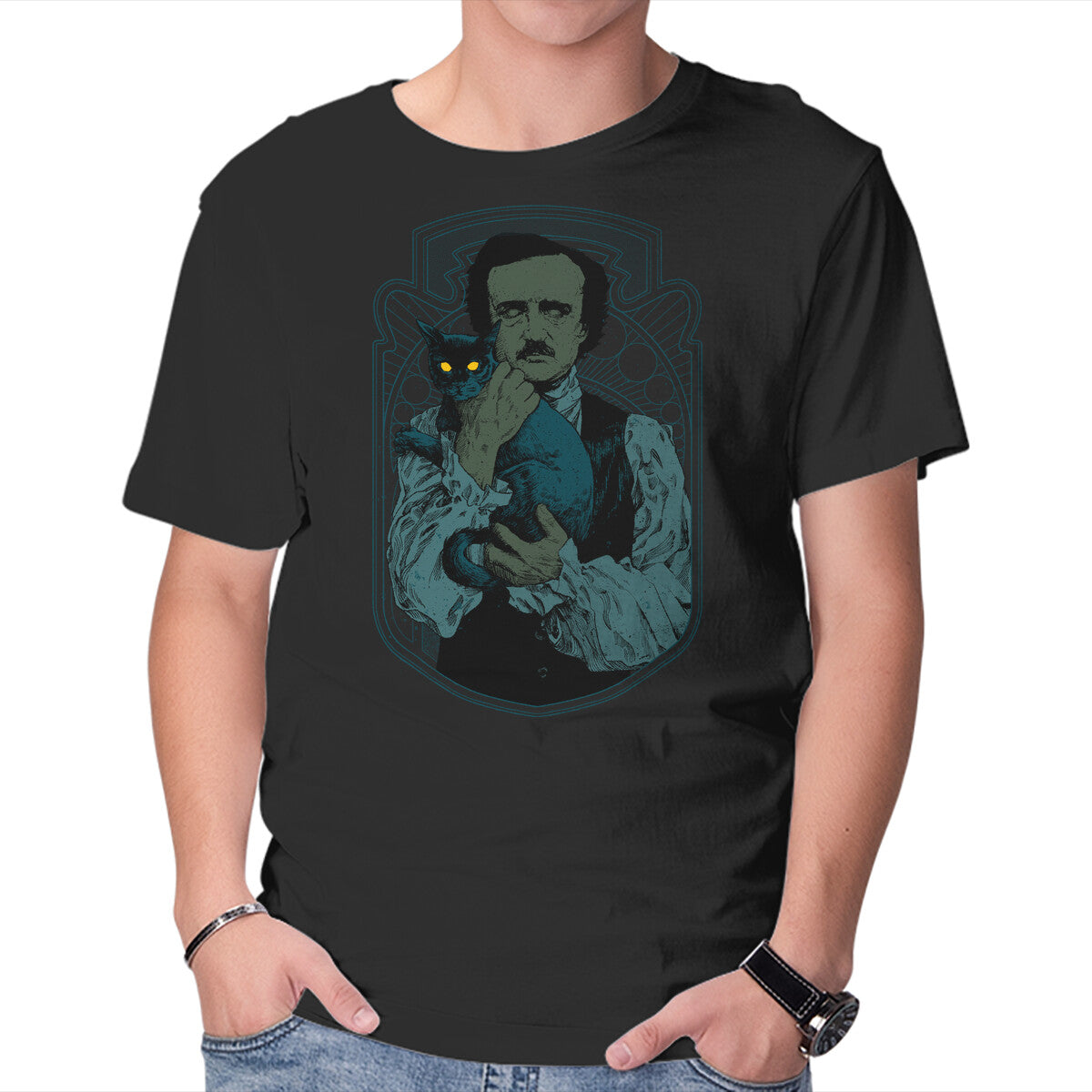 Unisex Crew Neck T-Shirt Poe And The Black Cat Graphic Short Sleeve Casual Tee S