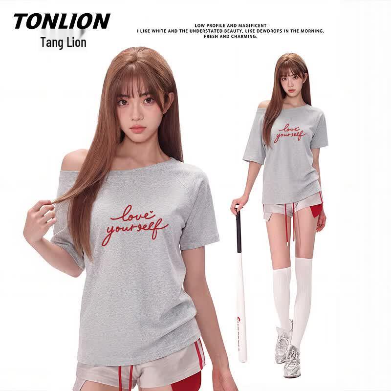 TonLion Women s Off-Shoulder Letter T-Shirt M