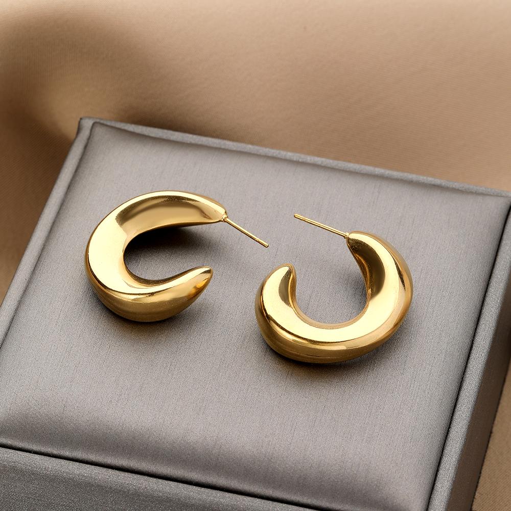 Women Hypoallergenic Jewelry Earrings Stainless Steel 18k Gold Plated Screw Twisted C-shape Hoop Earrings Non Tarnish Jewelry