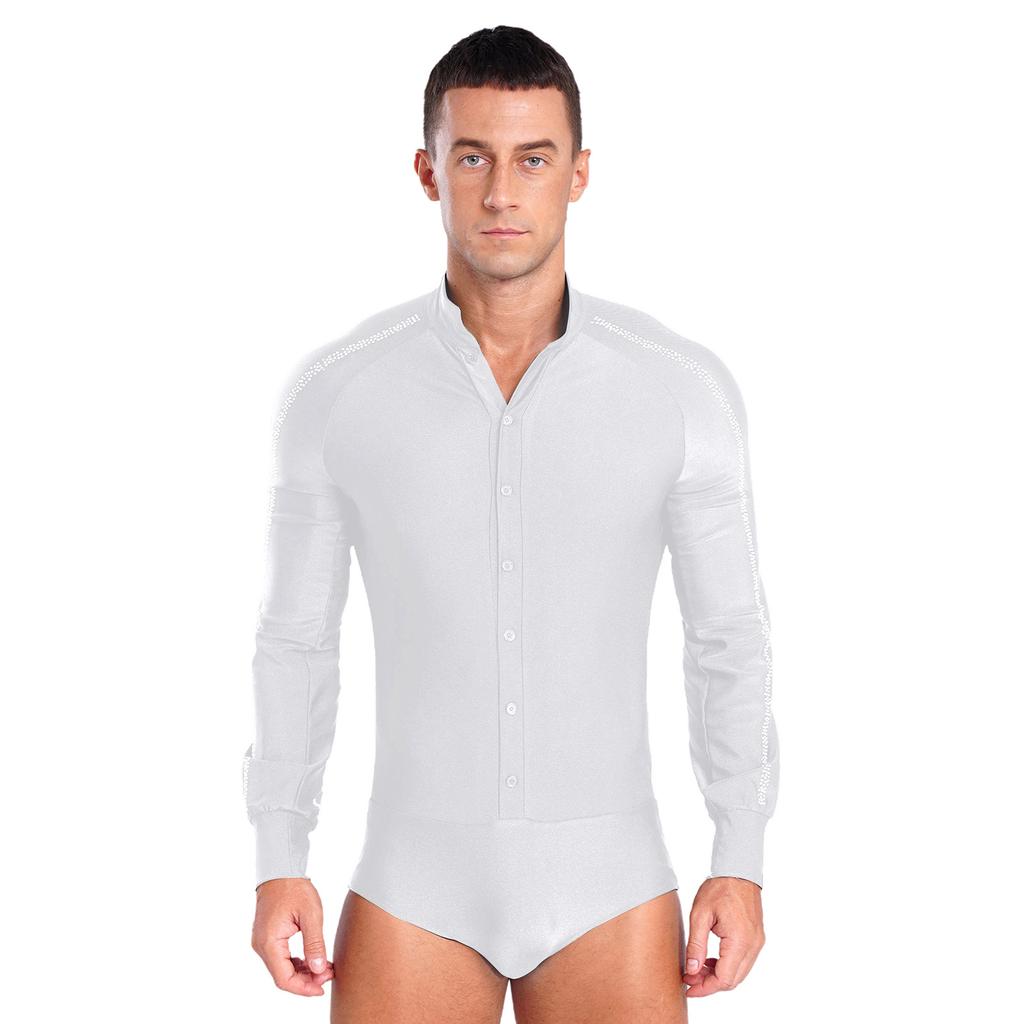 Pánská košile na latinskoamerické tance raglánový rukáv stojáček zapínání na knoflíky třpytivý kamínkový leotard soutěžní kostým