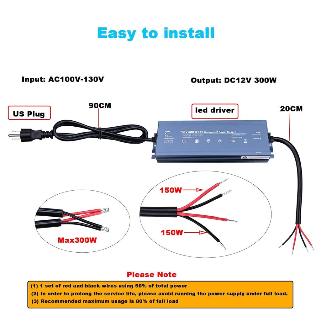 LED Driver 12V 300W Outdoor IP67 Waterproof Power Supply, Transformer Adapter AC100V-130V to DC12V 25A Output, with 3 Prong Plug for Indoor Outdoor