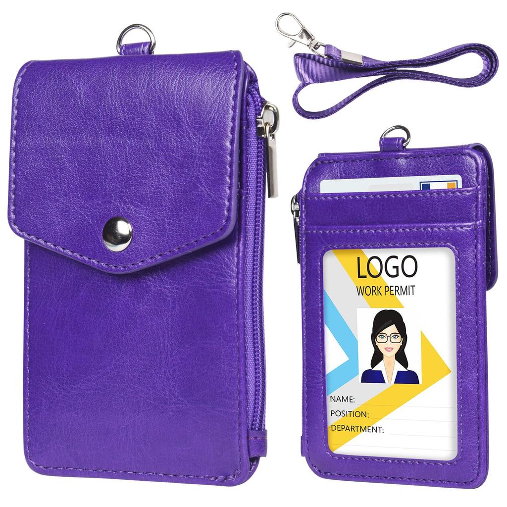 Multi-card Slot Student ID Credit Card Badge Cover PU Leather Work Card Holder Coin Zipper Bag Card Sleeve Wallet with Lanyard