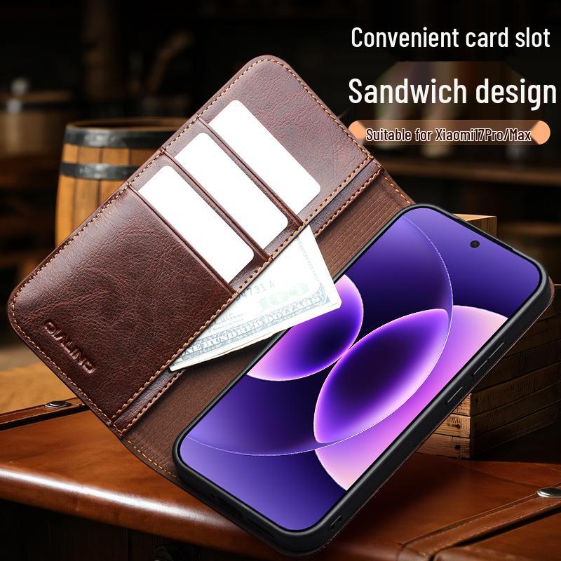 Chali Genuine Leather Xiaomi 17 Pro Max Flip Phone Case with Stand & Lens Protection