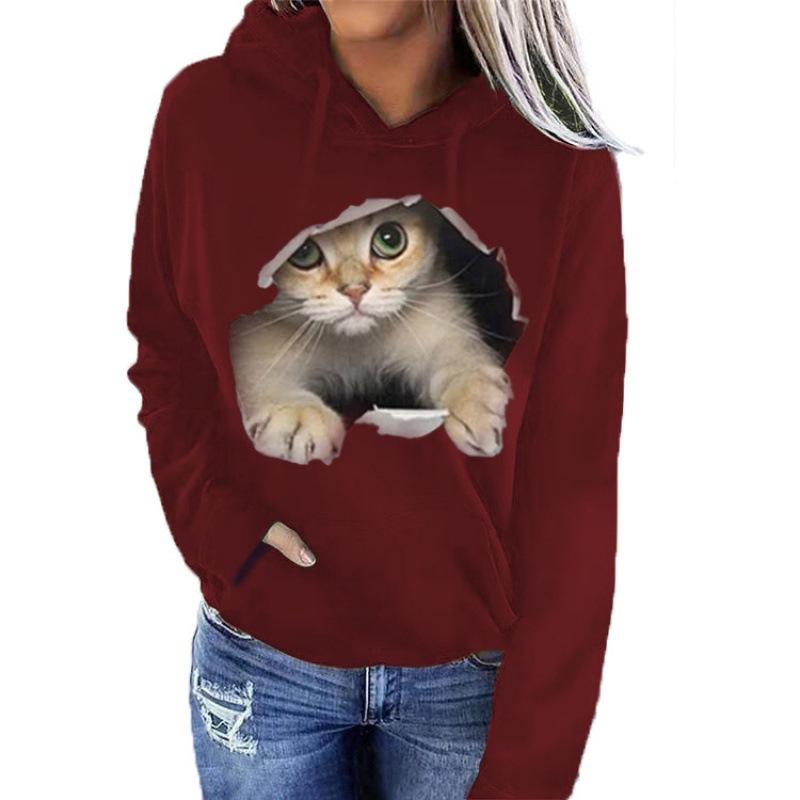 Autumn And Winter New Trendy Women'S Clothing Long-Sleeved Cat Casual Pullover Hooded Sweater Jacket