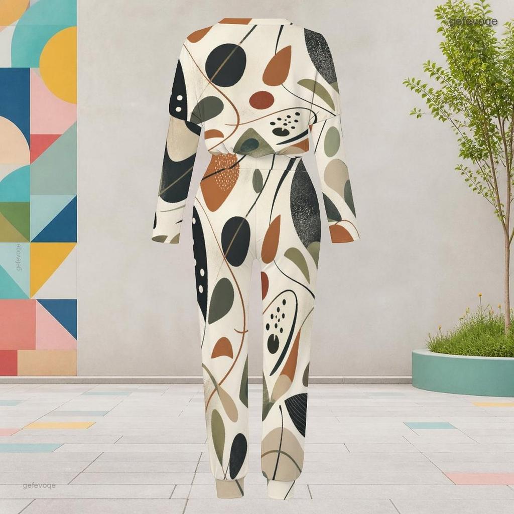Women Plus Size Geometric Printed Round Neck Long Sleeve Cuffed Top And Pants Two Piece Set