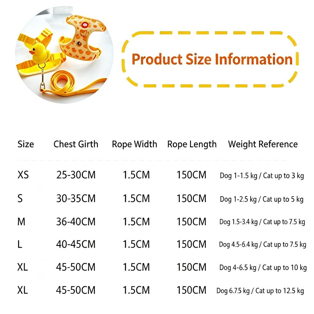 Dog and Cat Harness and Leash Set, Yellow Duck Design, Small, Adjustable, Escape-Proof