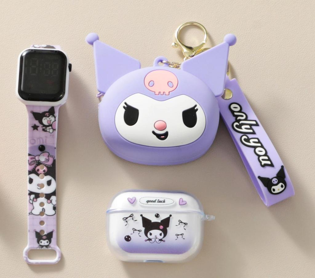 Kreskówkowe Silikonowe Etui Ochronne z Portmonetką na Monetę na Zamek Błyskawiczny, Wykwintny Zegarek LED i Bezprzewodowe Słuchawki Bluetooth TWS