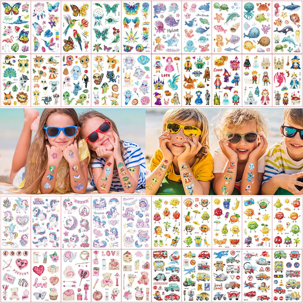 10 Sheetsset Children'S Colorful Glitter Tattoo Stickers Cartoon Animal Unicorn Butterfly Temporary Fake Tattoos Kids Gift