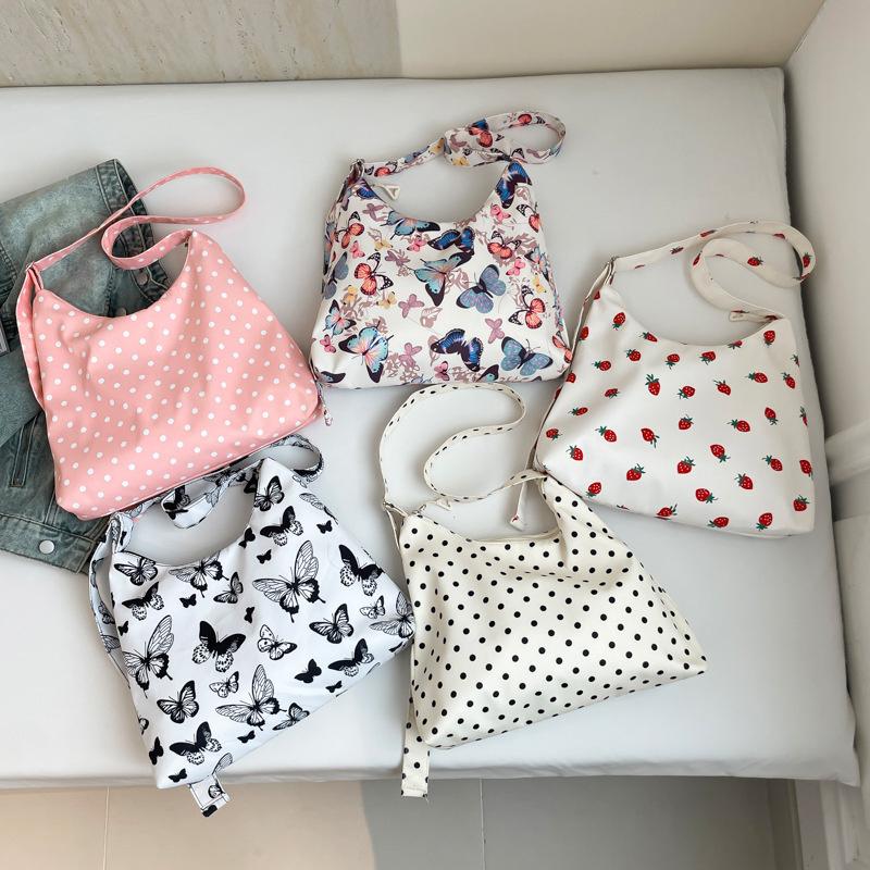 Female New Fashion Casual Nylon Fabric Printed Bow Bag Korean Version Shoulder Bag Beach Tote Bags Women New In Handbag CLE