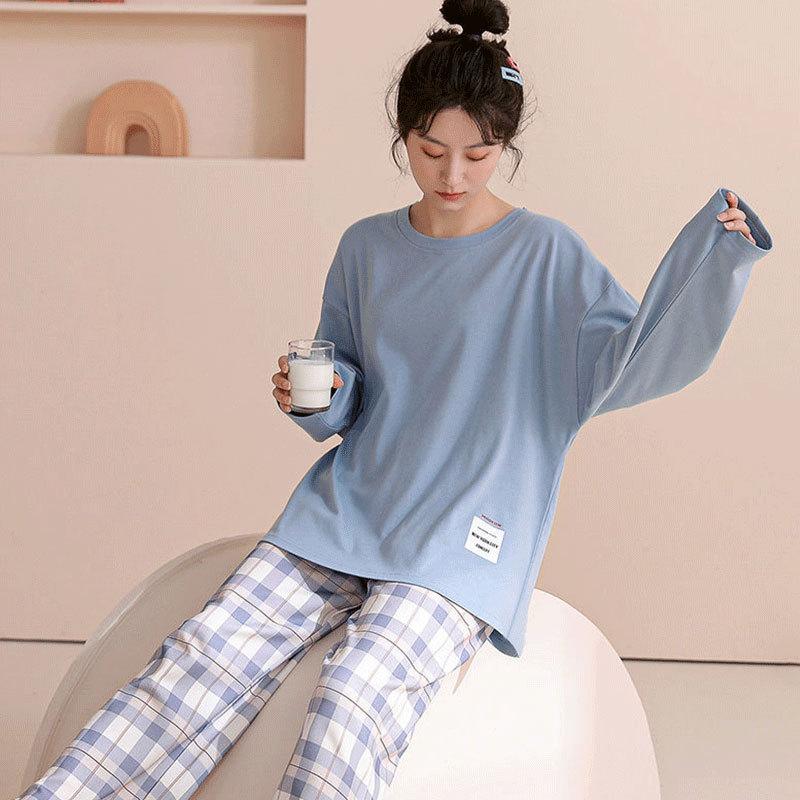 

Casual Pajama Set Women s Enlarged Soft Long-sleeved T-shirt and Plaid Pants Comfortable Loungewear 2-piece Set Women s Enlarged Size 2-piece Set XXL синій