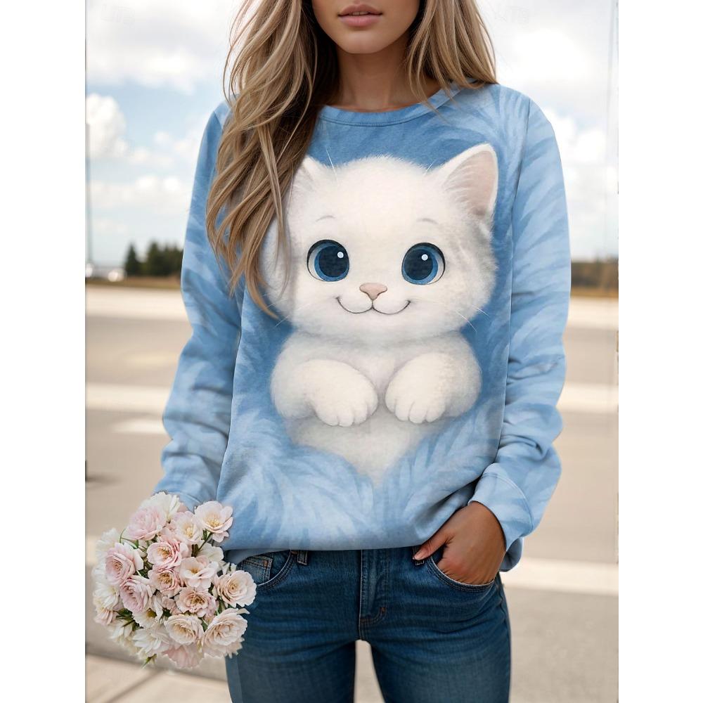 Women's  Animal Cat Printed Sweatshirt 3D Print O-Neck Long Sleeve Tops Women's Apparel Streetwear Fall Winter Pullover
