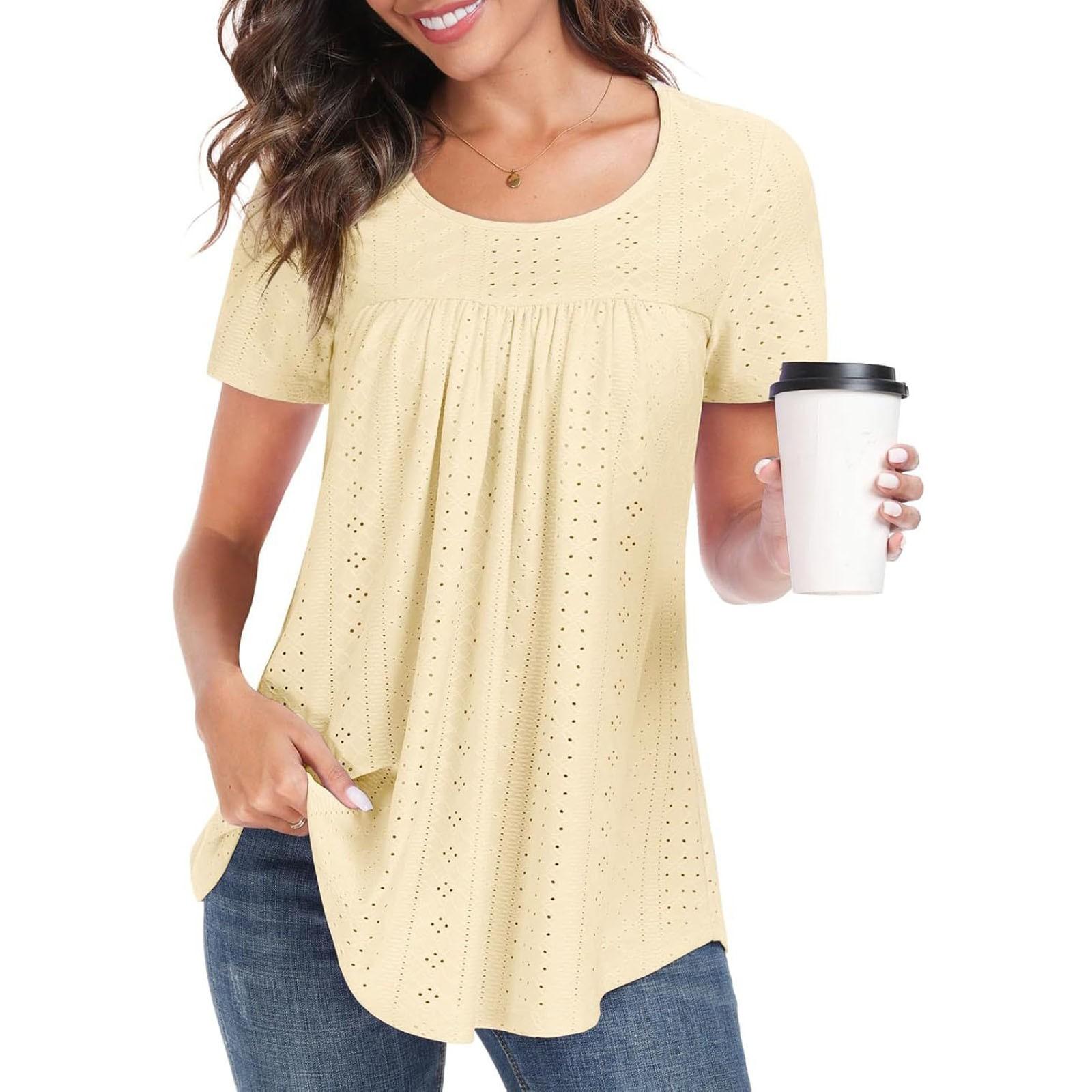 

Women Casual Hollow Out Short Sleeve T Shirt Round Neck Loose Fit Lightweight Breathable Summer Top M жёлтый