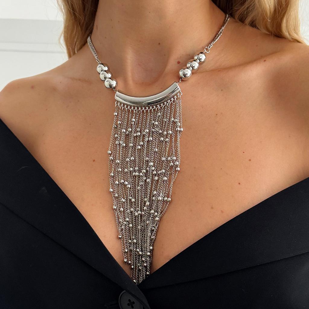 Creative Waterfall Metal Bead Chain Fringed Necklace, Fashionable Elbow Beaded Collarbone Necklace