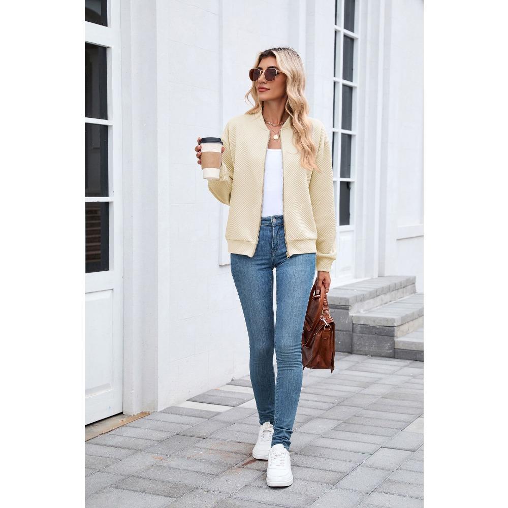Women's Long-Sleeve Jacket Fall/Winter Solid Color Crew Neck Zipper Loose-Fit Long-Sleeve Sweatshirt Women's Baseball Jacket