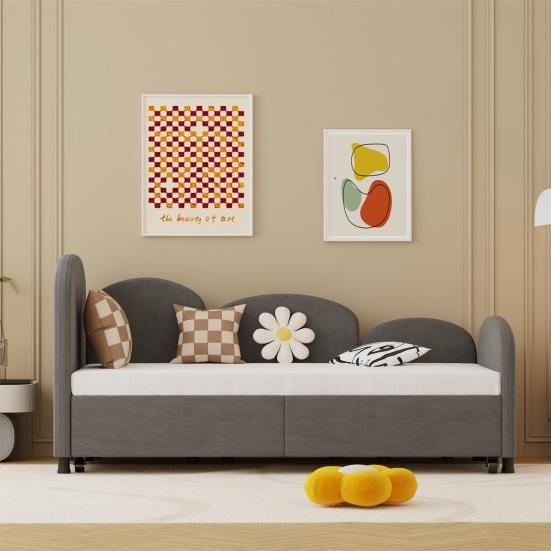 Twin Sofa Bed with Storage Drawers Large Capacity Drawer Rotary Wheels Velvet Upholstered Uneven Fence Sleep Solid Iron Frame Bedroom Twin Size Daybed