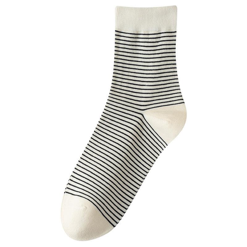 Women's Spring Mid-calf Socks, White Socks, Striped, Durable, Anti-pilling Long Socks, Casual Boneless Socks, Cotton Socks