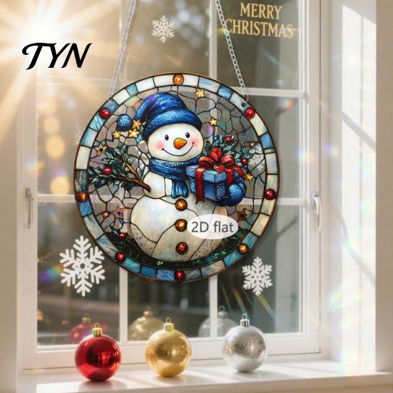 Durable Acrylic Holiday Signage Christmas 2D Hanging Ornaments, Stained Glass Style Snowman Santa Snowflake Lightweight Wall Ornaments Window