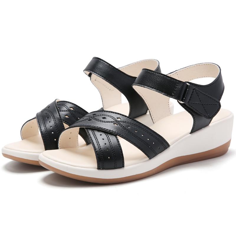 

Soft-soled mother shoes summer new hollow sandals summer one-word buckle wedge flat bottom 40