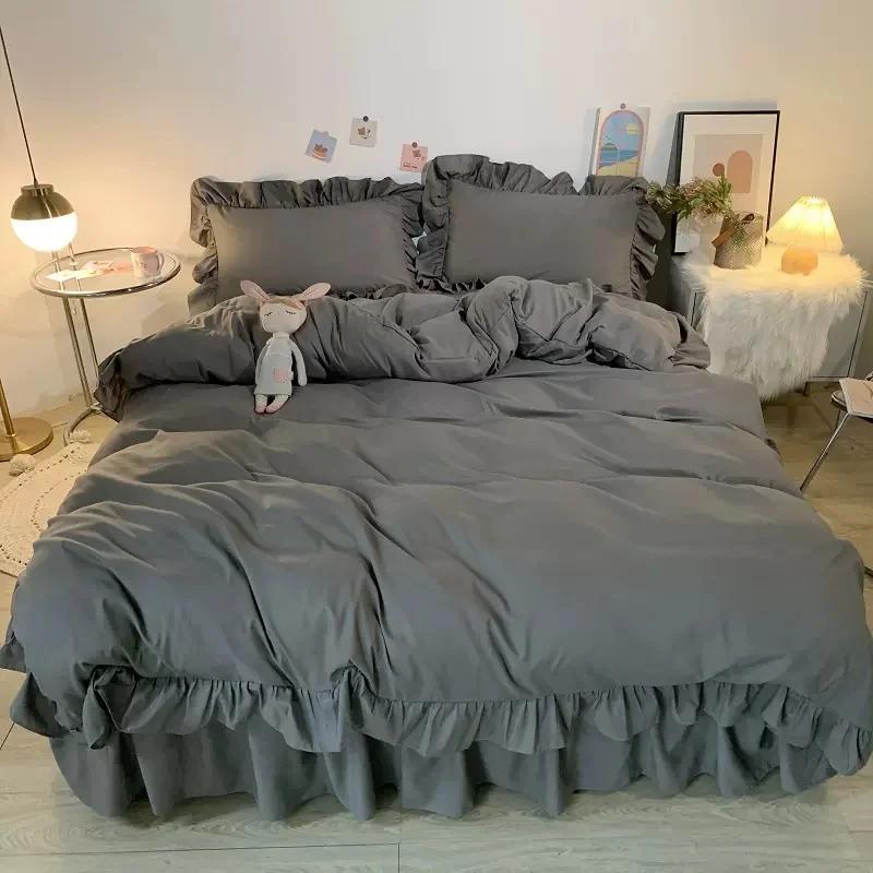 Ins Princess Style Bedding Set For Woman Cute Girl Solid Color Ruffles Duvet Cover Queen King Bed Sheet Bed Skirt Pillow Covers