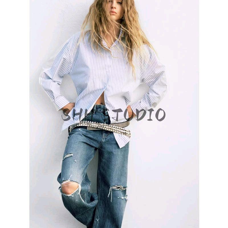 Spring New Women's Clothing Patchwork Pleated Design Cotton Stripes Poplin Loose Long Sleeves Shirt 5063015