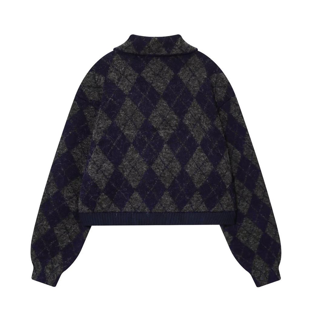 European and American Women's Diamond Pattern Knit Pilot Jacket Coat