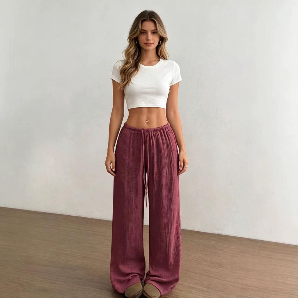 Women Solid Textured Wide Leg Pants Elastic Drawstring High Waist Casual Long Trousers Summer Loose Palazzo Pants