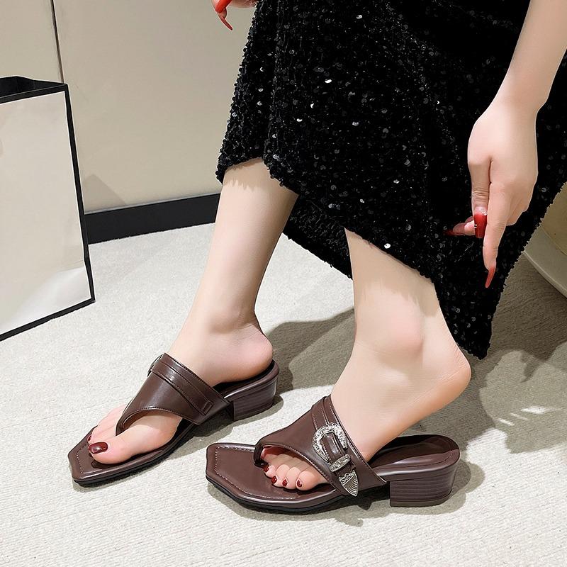 Fashion Fashion Square Flip-Flops Women's Fashion Square Toe Open Toe Clip Toe Metal Buckle Non-Slip Kitten Heel Shoes