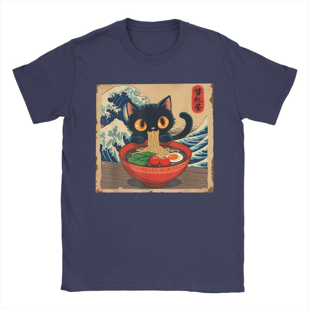 Men T-Shirt Japanese Black Cat Ramen Creative 100% Cotton Tee Shirt Short Sleeve Kawaii Noodle Cat T Shirt Round Neck