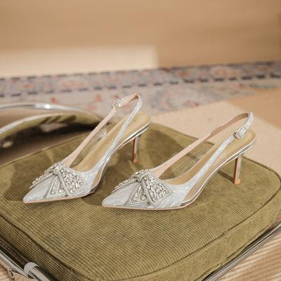 7520-5 [peau de mouton] chaussures de mariage à talons hauts pour femmes talons fins été 2025 nouveaux sandales pointues à nœud en strass