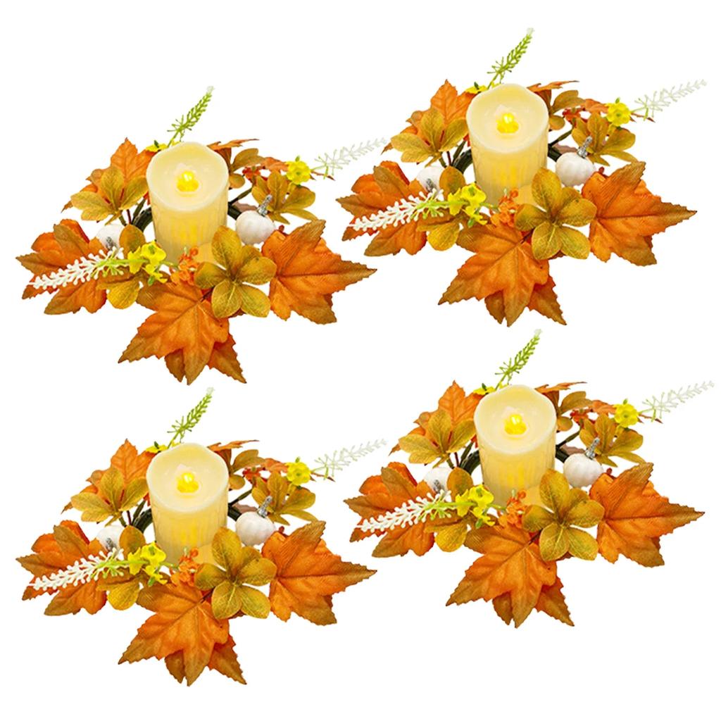 Maple Leaf Candle Ring Harvest Autumn Colors Maple Leaves Pumpkin Berries Artificial Candlestick Ornament Halloween Table Decor