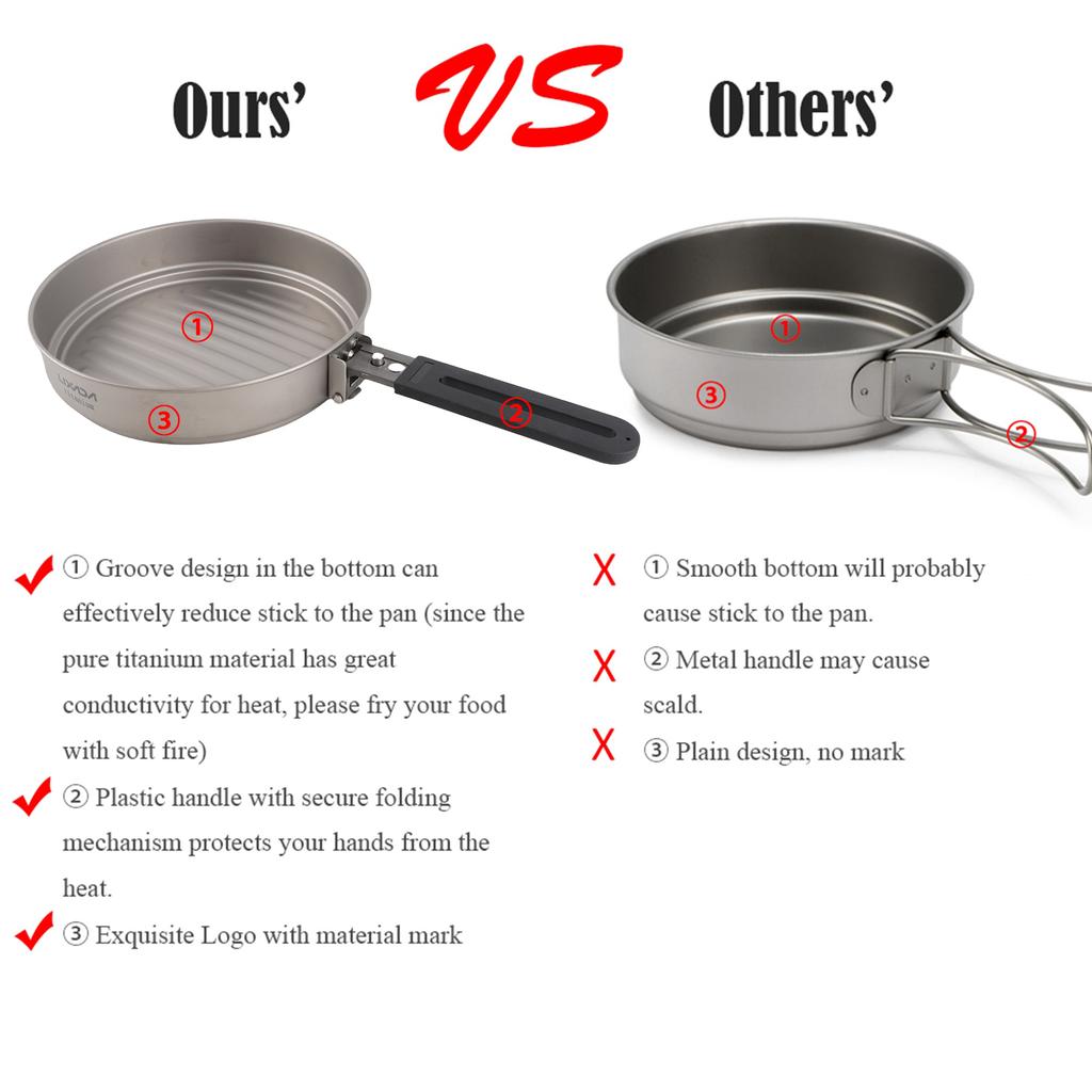 Lixada 1100ml Titanium Fry Pan Ultralight Grill Frying Pan with Folding Handle for Outdoor Cooking Camping Hiking